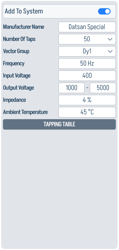 SU XFMR configuration panel