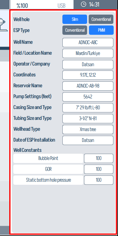 Configuration panel - fields specific to the selected component