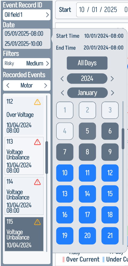 Events screen with date picker