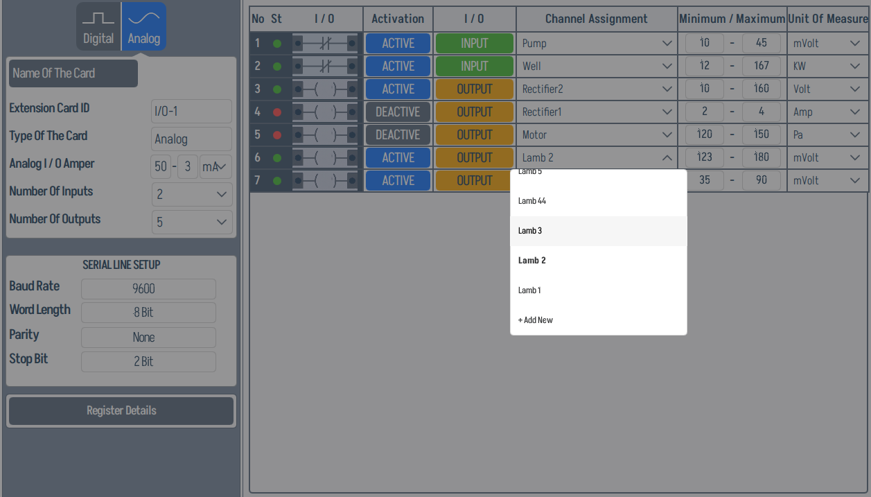 Analog channel assignment dropdown