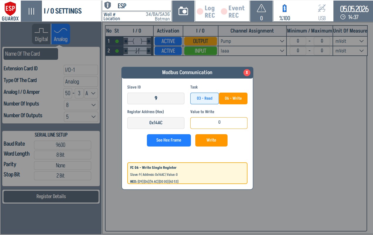 Analog Modbus write hex frame