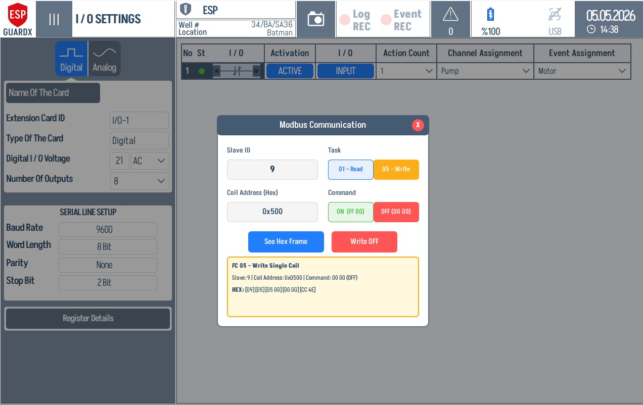 Digital Modbus write OFF hex frame