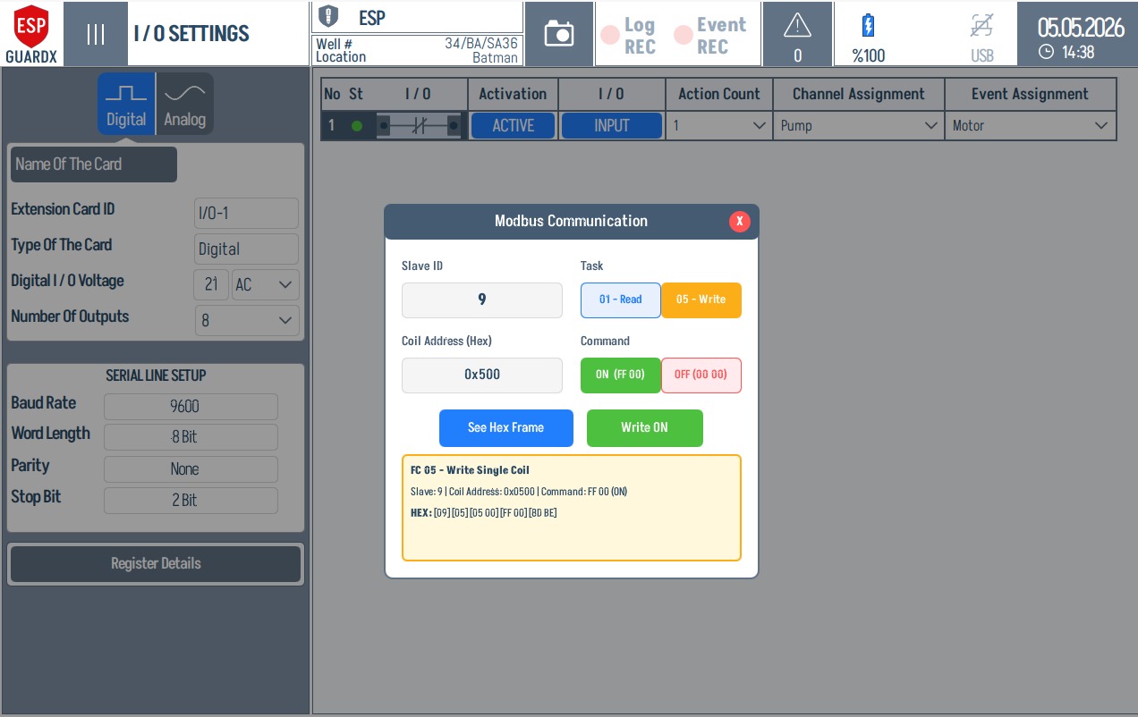 Digital Modbus write ON hex frame